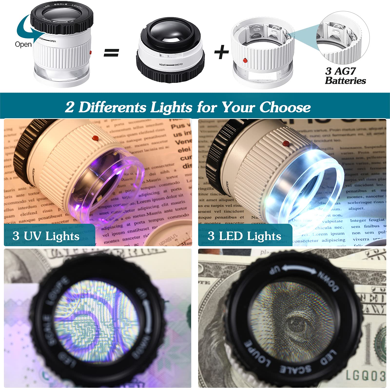 Cylindrical 30X Handheld Magnifying Glass with Scale LED UV Light Illuminated Magnifier Adjustable Focal HD Loupe Jewelry Lupa bianco