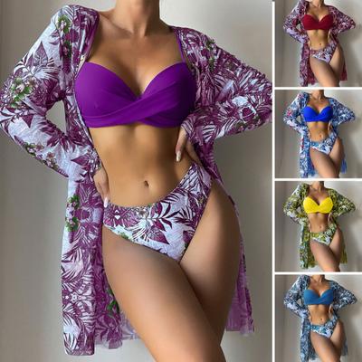 3Pcs/Set Women Bikini Set Floral Split Strap Padded Type Spaghetti Swimsuit Sexy Long Sleeve