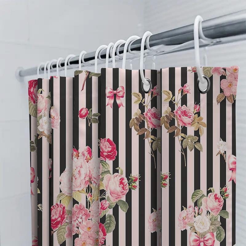 Floral Shower Curtain Botanical Flowers Pattern Waterproof Bathroom Decor Vintage Style Washable Fabric Curtain Nature Art