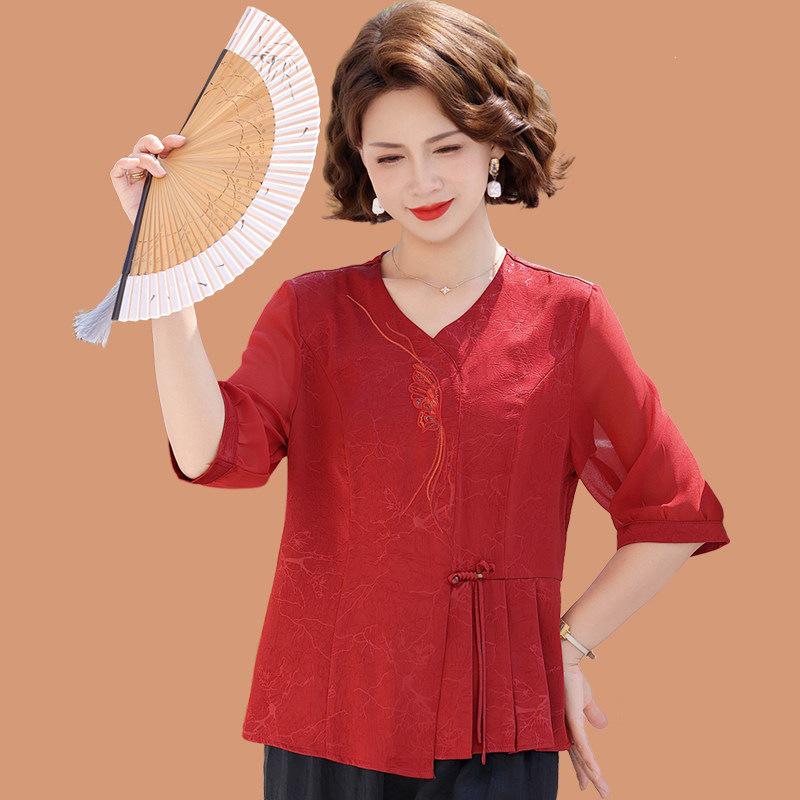 Elegant Chiffon Seven-Sleeve Top for Mom - Dignified & Stylish Summer Wear for Middle-Aged & Elderly Women