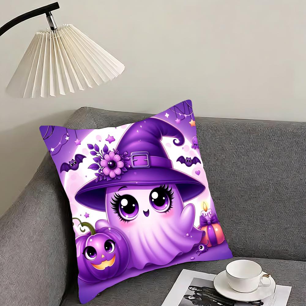 Cute Ghost with Pumpkin Cushion Cover Reversible Plush Pillow Cover – For car, sofa, bedroom, perfect as a gift.