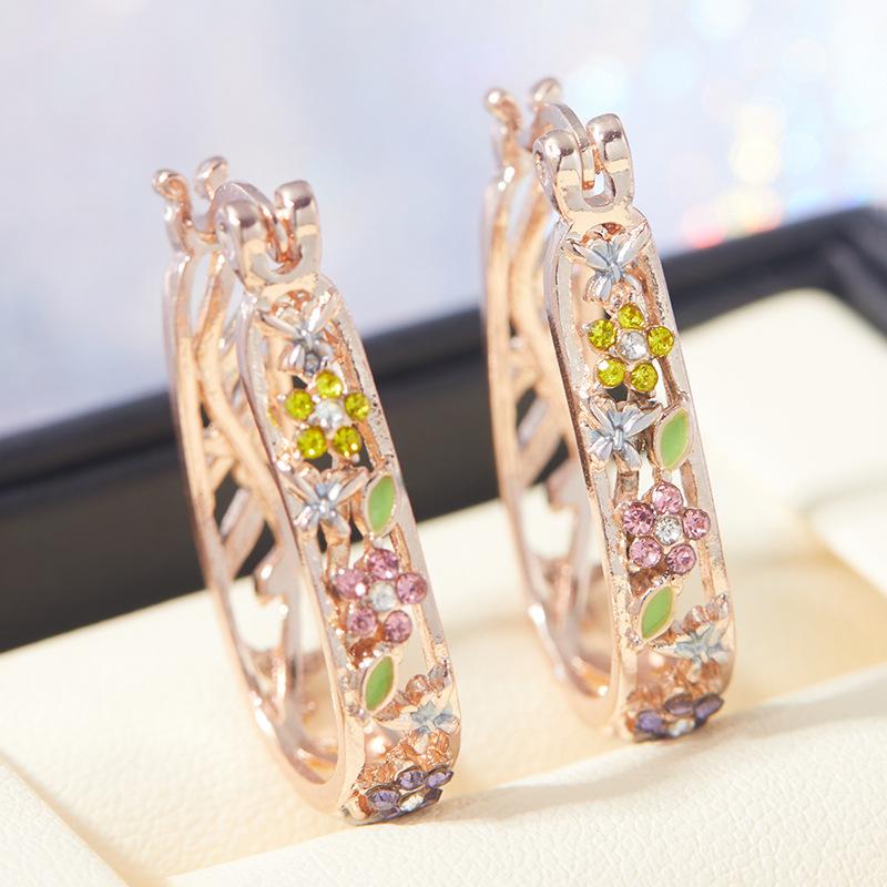 Huajie Three Colors Women's Colorful Zircon Floral Shape Hollow Design Hoop Earrings Delicate Elegant Female Ear  Tide