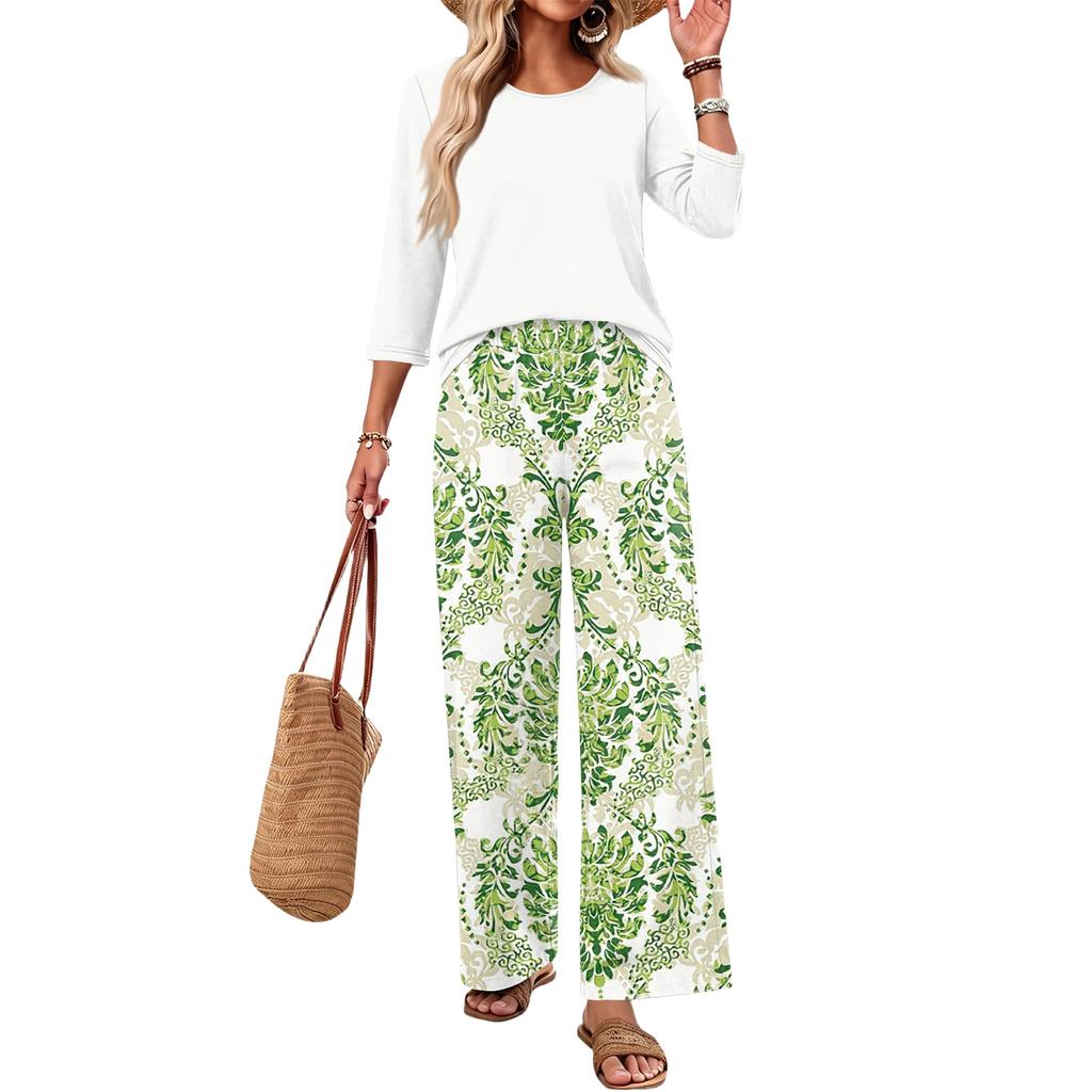 Women's Casual Loose Fit Two Piece Set Round Neck Three Quarter Sleeve Top and Wide Leg Printed Pants Lounge Outfit