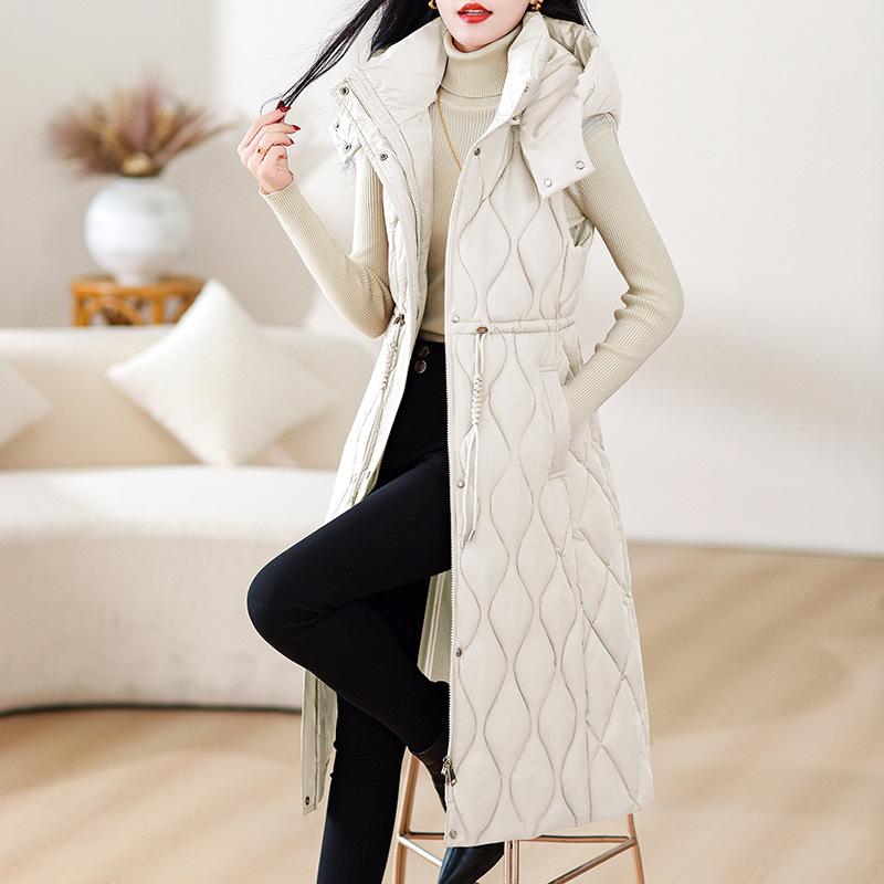 2025 long down cotton vest women s medium and long waist vest thermal vest hooded sleeveless jacket M