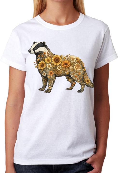 Floral Badger Animal Artwork Ladies T-Shirt Woodland Wildlife Tee XL