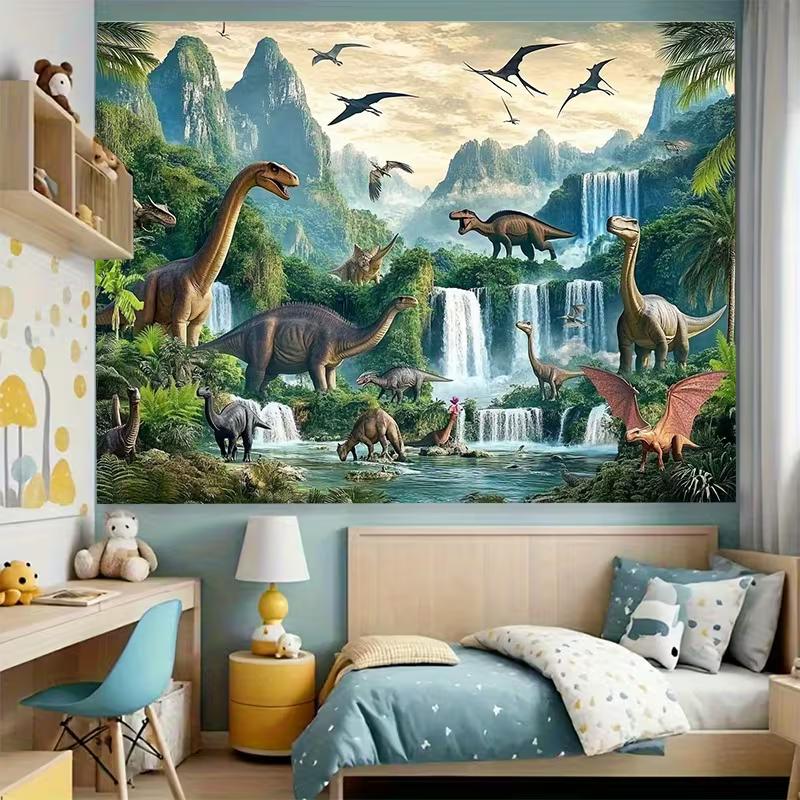 Kids Dinosaur World Tapestry, Tropical Jungle Waterfall Jurassic Landscape Wall Art for Bedroom, Living Room