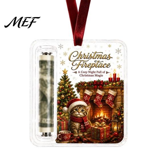 Christmas Tree Money Holder Decor Cash Gift Ornament, Acrylic Angel Santa Cat for Xmas Tree, Holiday Party Hanging Decoration with Lanyard Transparent