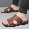 Men's Genuine Leather Summer Slippers: Handmade, Non-Slip Flip Flops with Soft Full Cowhide and Cushioning Sole.