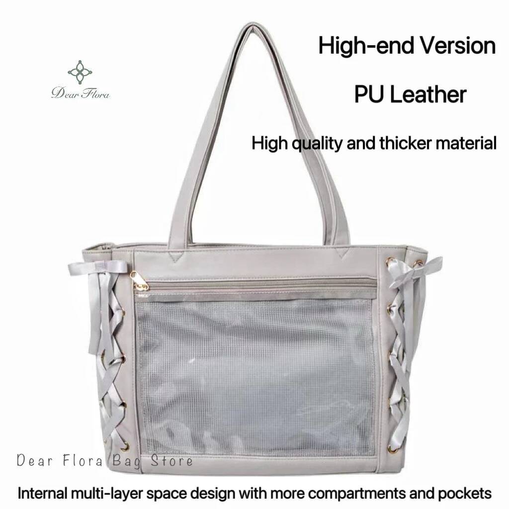 Japanese Sweet Women Ribbon Ita Bag Fashion Large Capacity Tote Bag Aesthetic Shoulder Bag Cute Lolita Girl Transparent Handbags