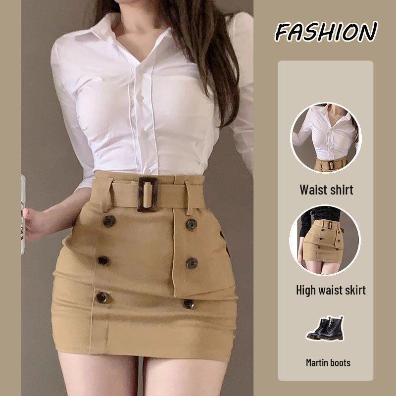 

American Spicy Girl Style Waist-cinching Skirt Set - Women s Summer Long-sleeved Shirt and Slim-fit Hip-hugging Skirt Two-piece Set S