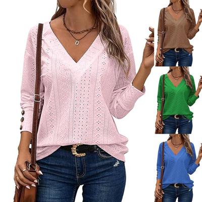 Women's Fashion Casual Solid Color Print Long Sleeve V Neck Blouses & Shirts