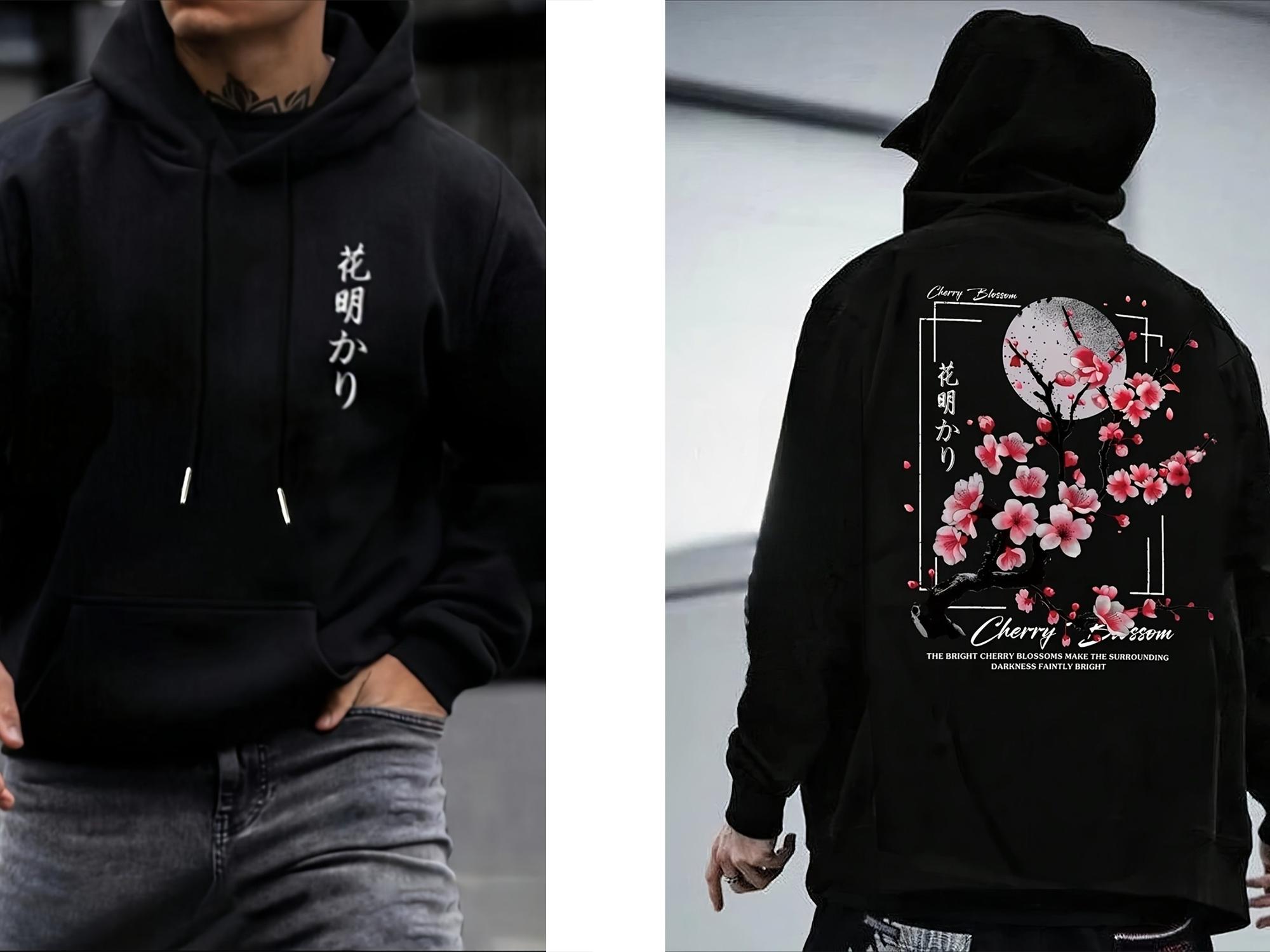 Мужское худи с графическим принтом цветущей сакуры, оверсайз пуловер, толстовка, повседневная уличная одежда, худи с длинным рукавом в японском стиле S