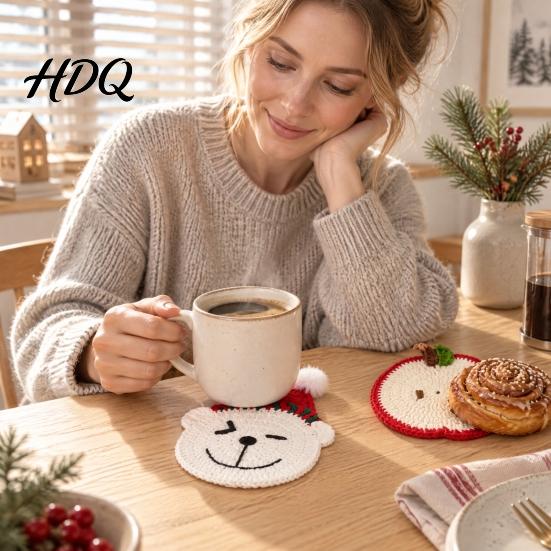 Handmade Cup Mat Christmas Bear Fruit Crochet Coaster Kit DIY Crocheting Beginner Friendly Set with Accessory Knitting Round Mug for Table