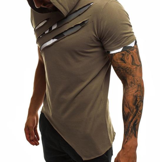 Men Causal Short Sleeve Ripped Irregular Hem Slim Blouse T-shirt Fitness Hoodie