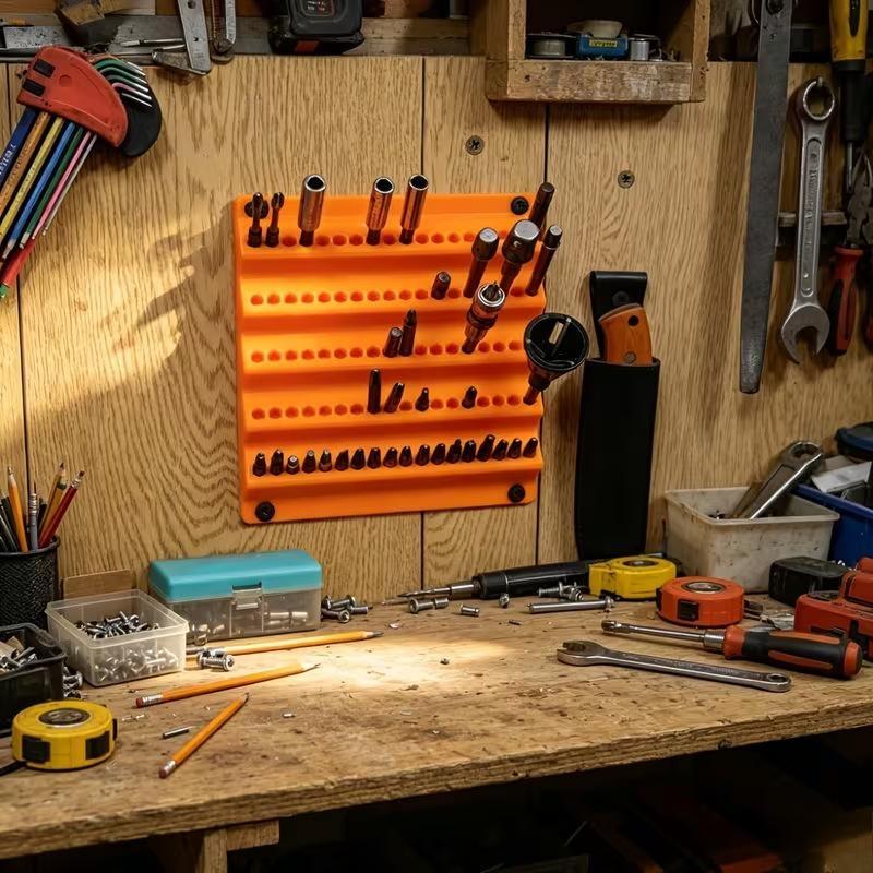 Orange Wall Mounted Drill Bit Holder Multi Size Slots Durable For Home Garage Tool Storage