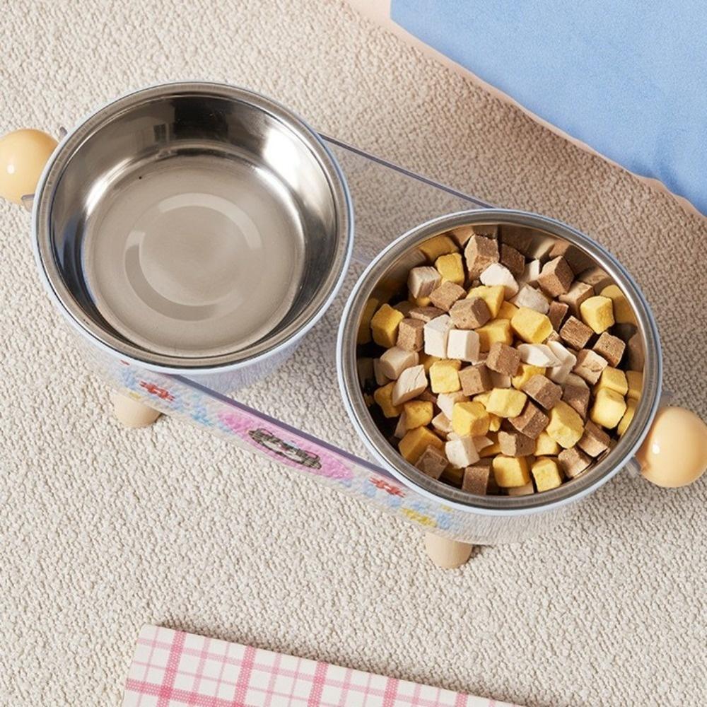 Stainless Steel Elevated Cat Bowl Double Bowls Non-Slip Neck Protection Bowl Neck Support Cute High Foot Dog Feeder Easy Clean