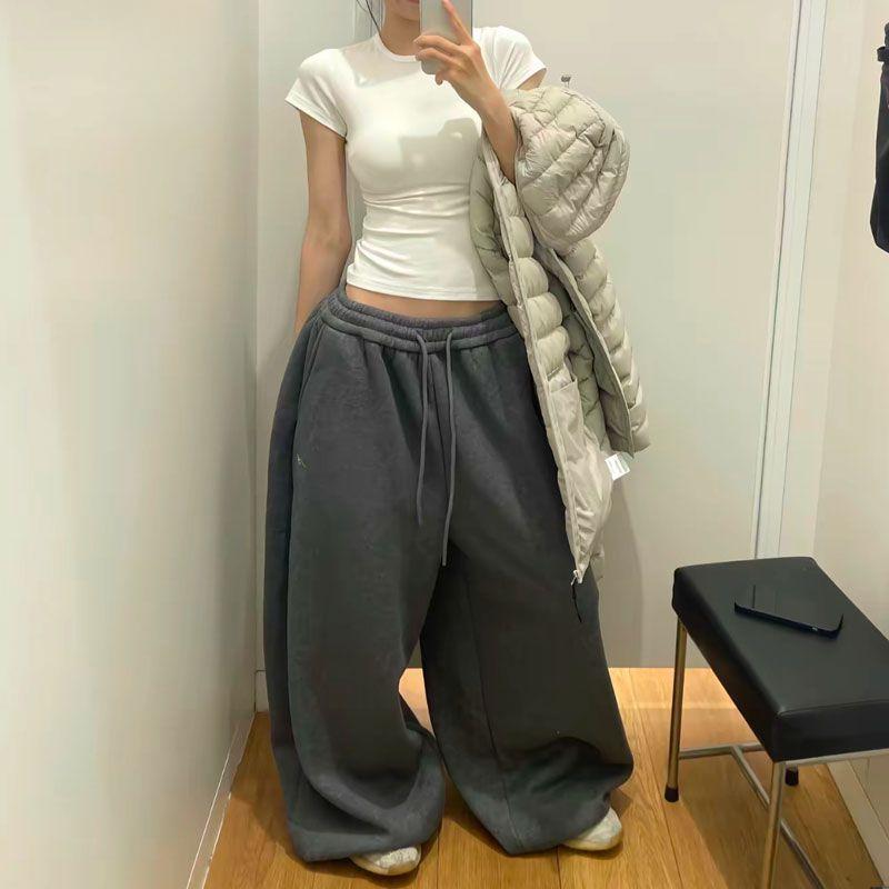 VIONA Y2K Streetwear Grå Sweatpants Dam Koreanska Överdimensionerade Lösa Allt-Match Sportsbyxor Hög Midja Dragsko Avslappnade Vida Byxor