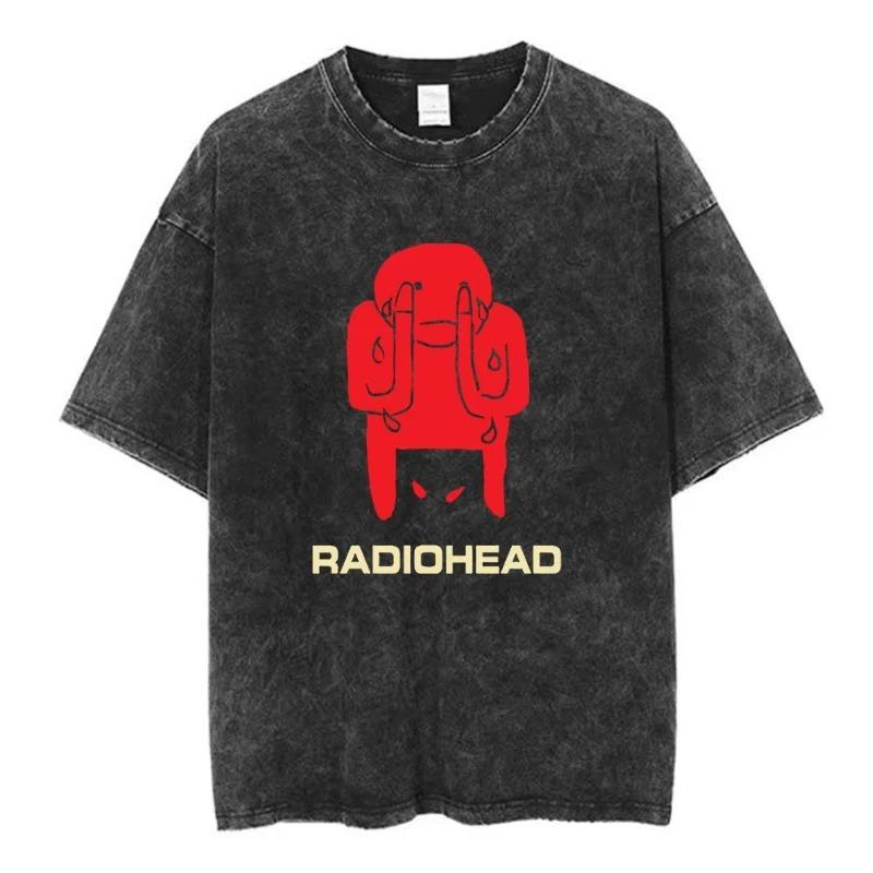 Radiohead OK Computer Vintage Washed TShirt British Rock Band Unisex Hip Hop Streetwear Pure Cotton Fashion Casual Short Sleeve