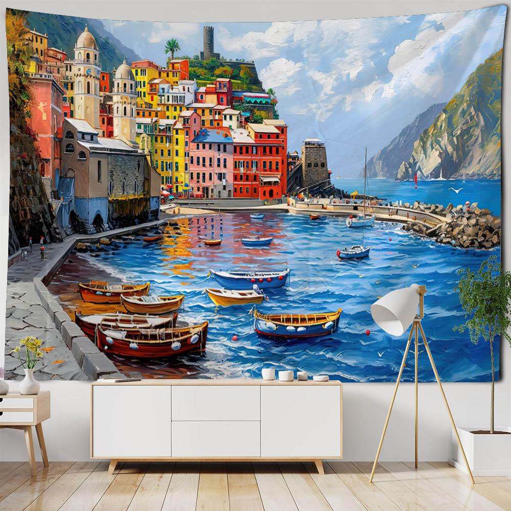 Sea View Oil Painting Printed Tapestry Wall Hanging Living Room Bedroom Wall Decoration Outdoor Picnic Bed Sheets Beach Mats