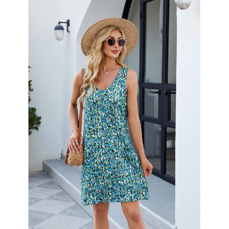 Letní Jarní Tištěné Bez ramínek Ležérní Volné Šaty ke kolenům Bez rukávů Výstřih do V Polyesterové vlákno Široký Pas Večerní šaty