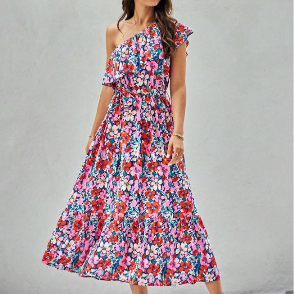 

Женские летние платья с принтом на наклонных плечах XL