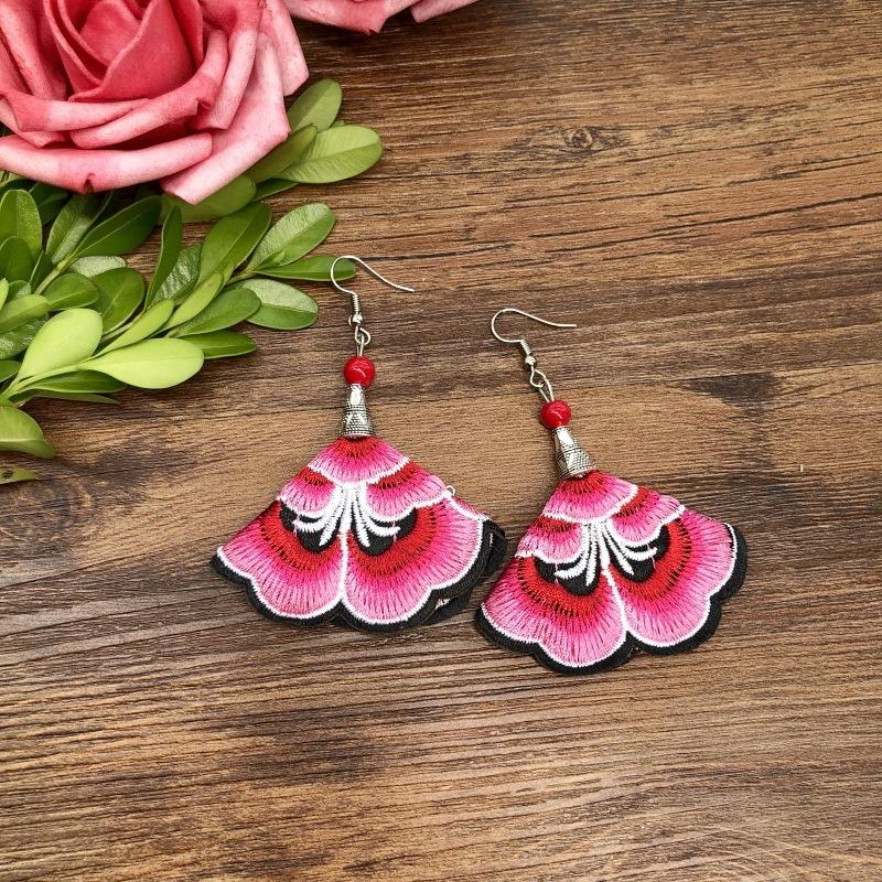 Hand-embroidered retro fabric earrings, flower fringed versatile femininity, stage performance, earrings, earrings.