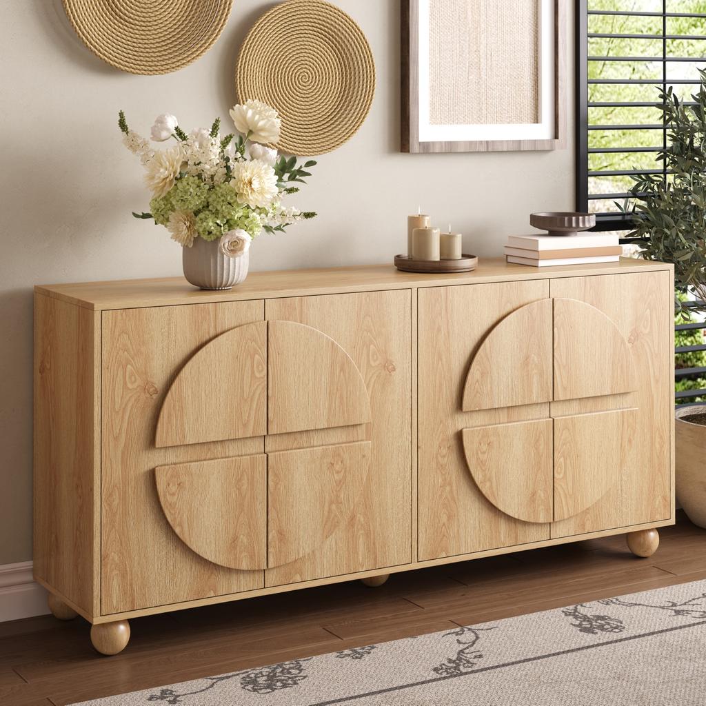 Credenza a Quattro Ante con Aspetto a Rilievo Circolare, Armadio contenitore con Ripiani Regolabili, Mobile da Corridoio Effetto Legno