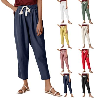 Women's Casual Fashion 9/10 Pants Elastic Waist Drawstring Solid Color Pants