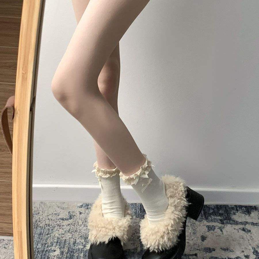 Black Thick-heeled Small Leather Shoes for Women's 2025 New Autumn and Winter Plush Warm Fluffy Shoes Mary Jane Pedal High Heels