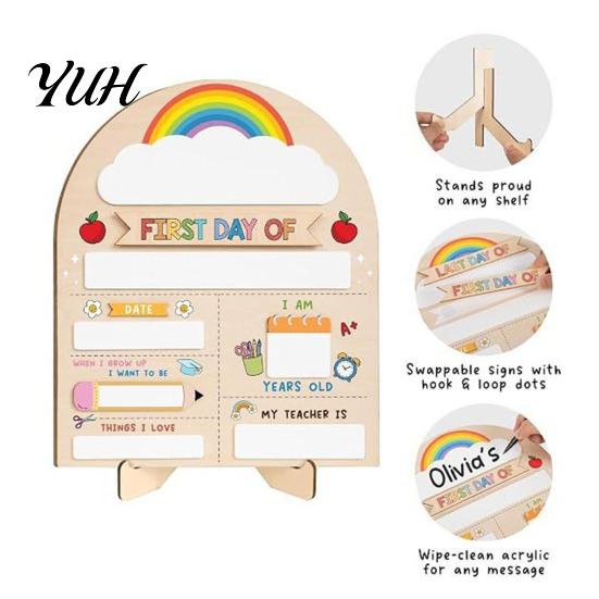Wooden Message Board for Classroom First Day of School Board, Reusable Erasable Chalkboard Design, Desktop Plate Kids Stable Base Photo Prop