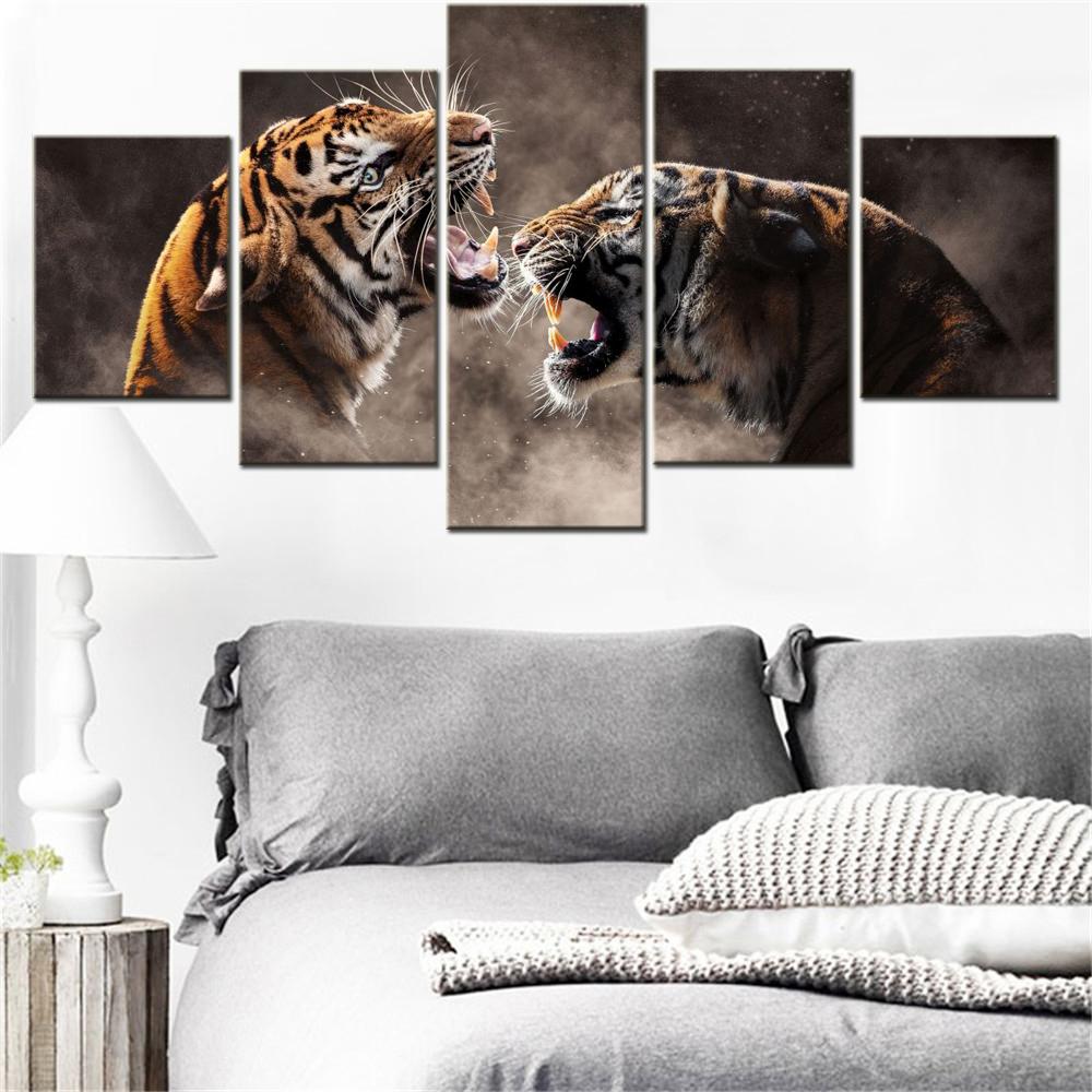 5 Pieces Canvas Wall Arts Poster Painting Animals Tigers Roaring Wallpaper Home Decor Picture Printing Interior Artwork Mural