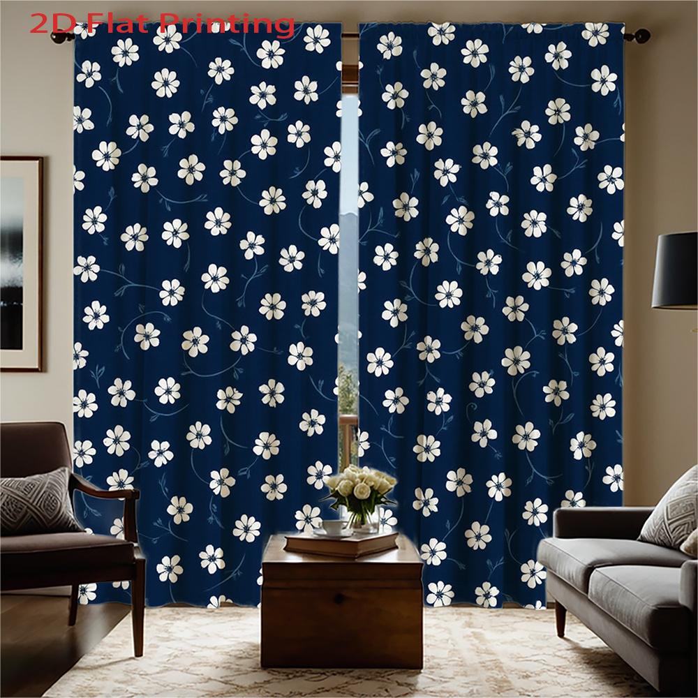 Set Of 2 Flat Printed Curtains Dark Blue Small White Flowers Pattern Polyester Fabric Home Decor Style Made