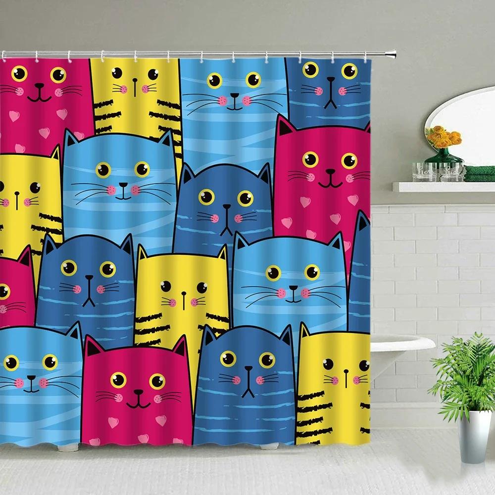 Cat Printed Shower Curtain Color Cartoon Lovely Animal Bear Polyester Fabric Hanging Curtains Bathroom Bathtub Decor with Hook