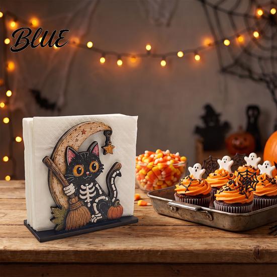 Halloween Themed Table Decor Wood Napkin Holder Vintage Rustic Dispenser Organizer Spooky Ghost Black Cat Kitchen Organizer Boo Tissue Stand
