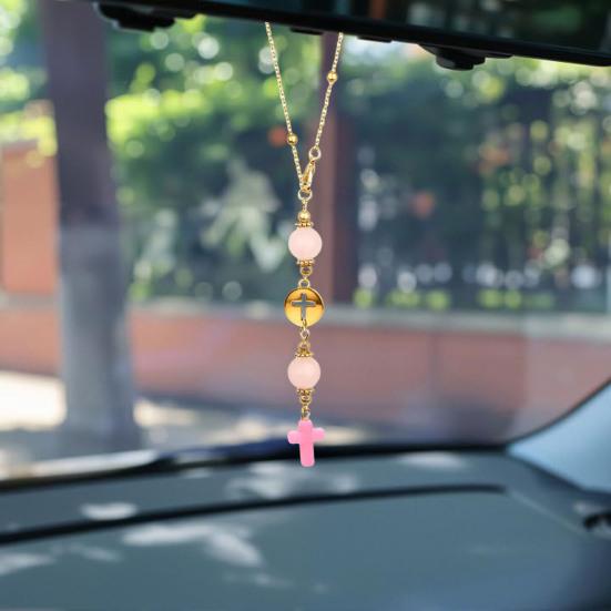 Car Rearview Mirror Pendant Adjustable Religious Beaded Pendant Stone Bead Bag Charm Christian Gift for Family