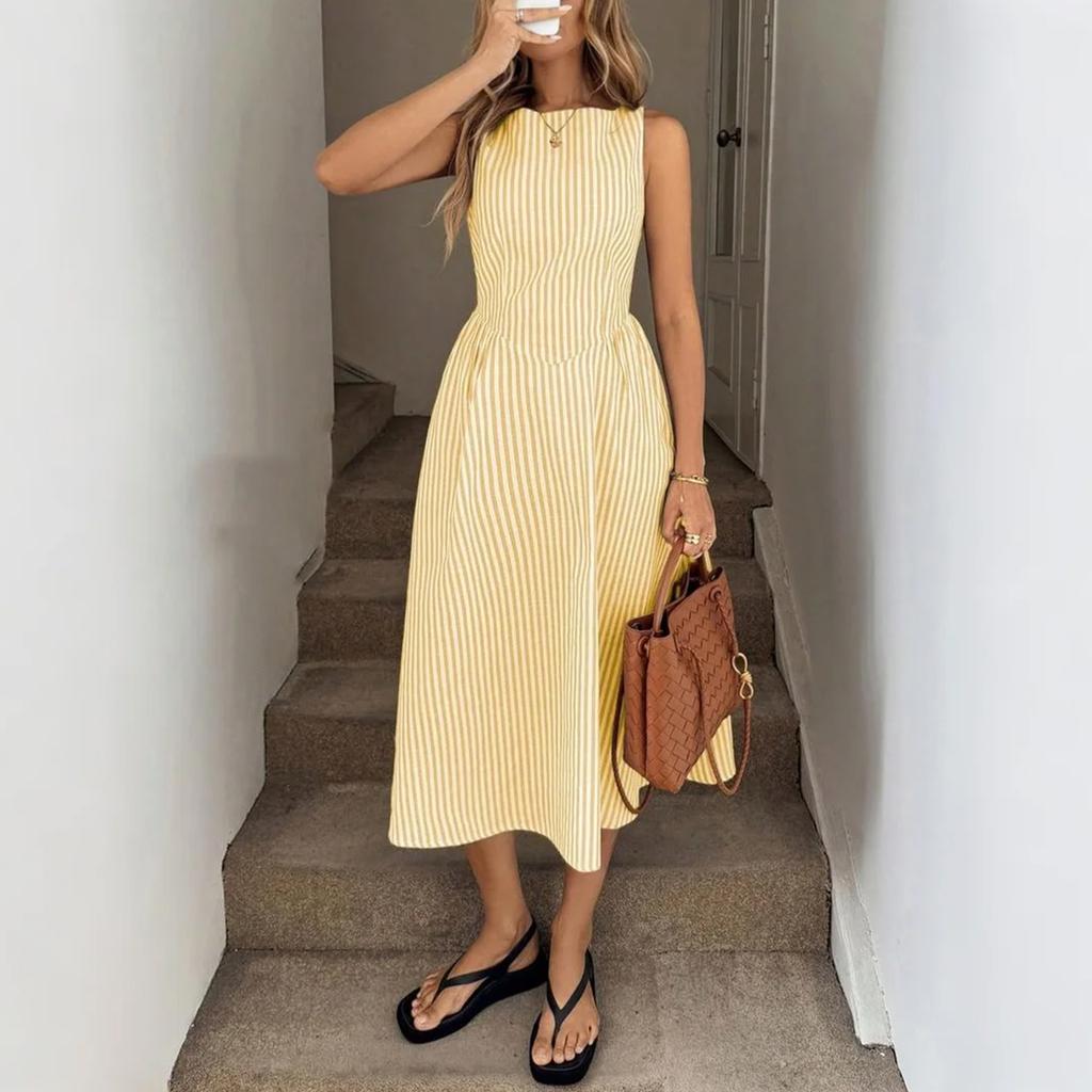 Abito Lungo a Righe Verticali da Donna, Casual Europeo e Americano Senza Maniche con Tasche, Abito alla Moda