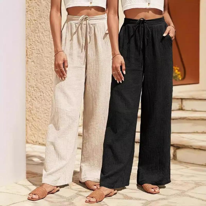Women Summer High Waist Drawstring Wide Leg Casual Pants With Pockets