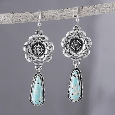 Bohemian Retro Alloy Pendant Earrings with Inlaid Turquoise and Artistic Carvings