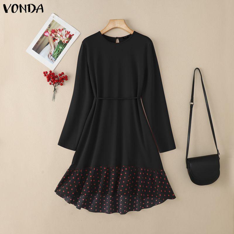 VONDA Women O Neck Long Sleeve Patchwork Polka Dots Ruffled Hem Casual Tunic Mini Dress S