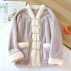 New Autumn Winter Women's 2PCS Pajamas Suit Flannel V-Neck Thickened Warm Long Sleeved Cardigan Sleepwear Loose Homewear
