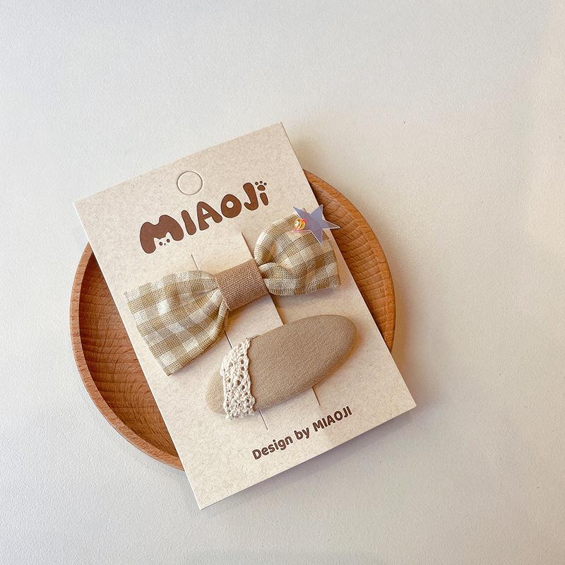 2pcs Coffee Plaid Embroidered Bow Hairpin Version of Children's Bangs Broken Hair BB Baby Headwear Girls Kids Hair Accessories