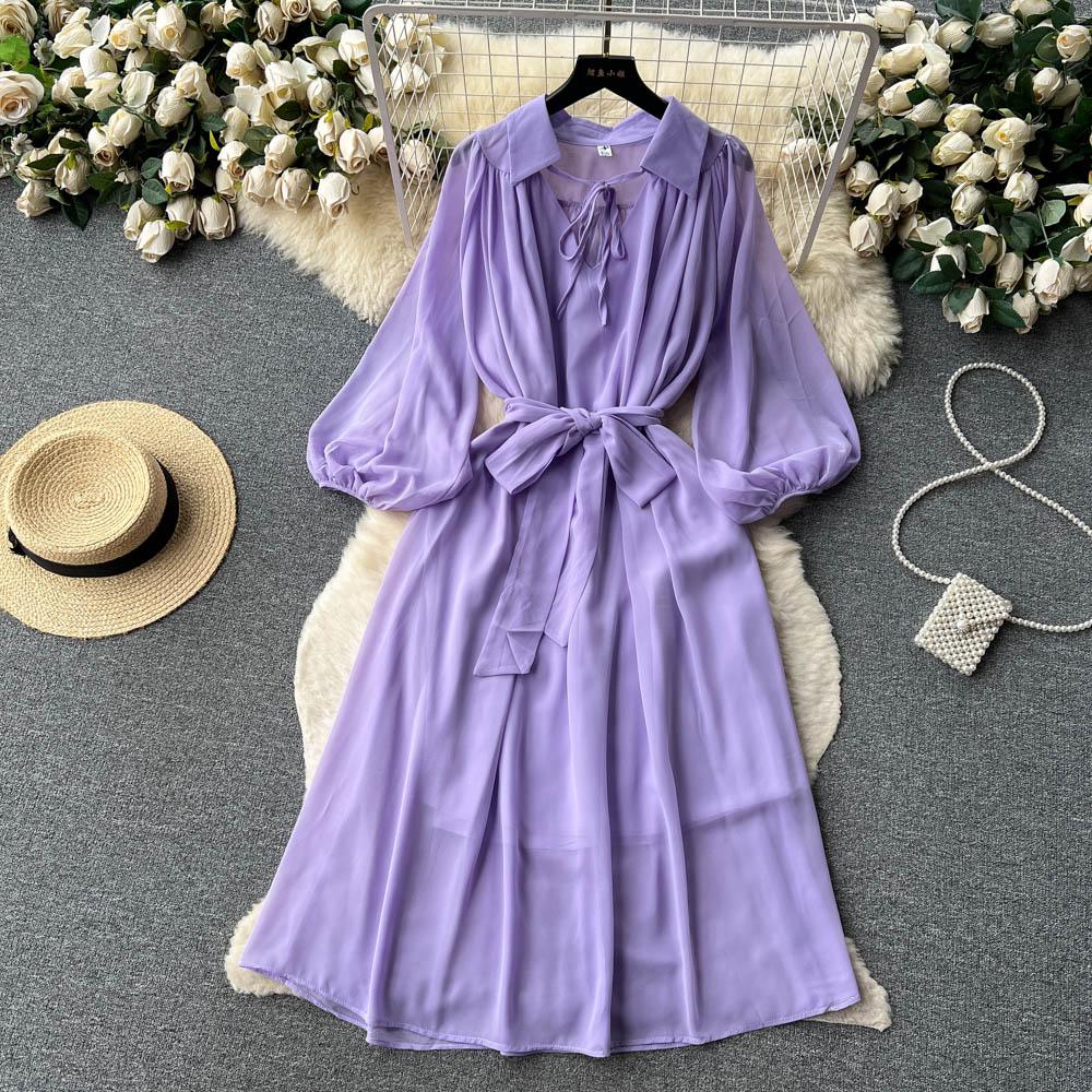 Francouzské šik Maxi šaty pro ženy Sklopný límec Lucerna Rukáv Šněrovací Dámské letní šaty Dámské Vestidos Dropship