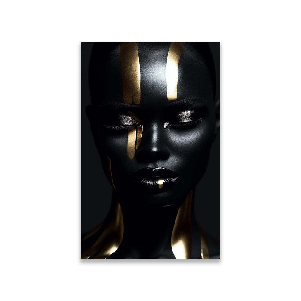 Black Girl Gold Makeup Wall Art Poster Modern Portrait Canvas Painting Elegant Black and Gold Face Art Prints Bedroom Decor