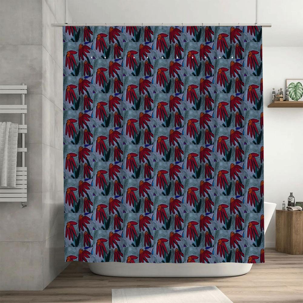 Vibrant Batik Shower Curtain 180x240cm Blue Floral Print Waterproof Fabric for Bathroom Decor.