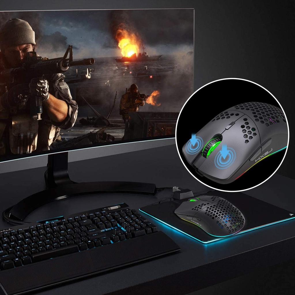 Wireless Gaming Mouse, Lightweight, Honeycomb Design, Optical RGB Backlight, 6 Buttons, 4-Level DPI Adjustment, Rechargeable 750mAh 2.4GHz Battery,