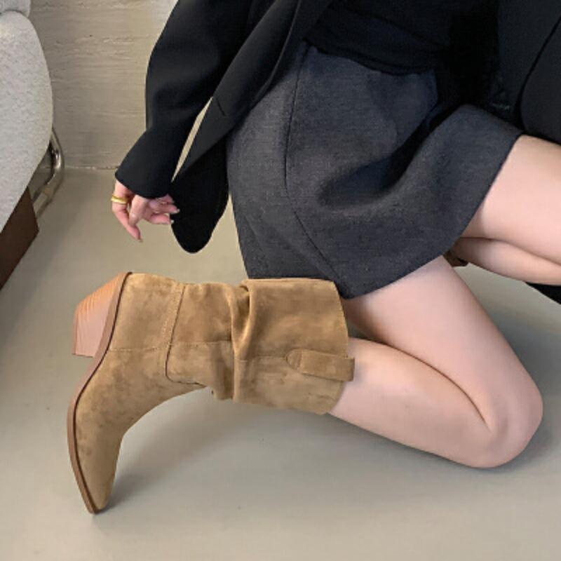 Women's Boots New Solid Color Versatile Knight Boots Comfortable Thick Heel Short Boots Fashion Pointed Suede Stacking Boots