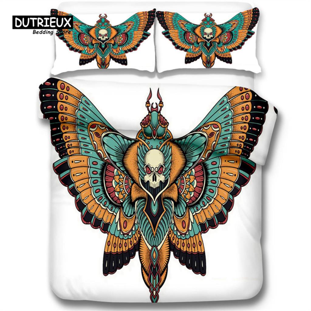Gothic Skull Bedding Set Death Moth Flowers Print Duvet Cover Skeleton Bones Butterfly Pillowcases