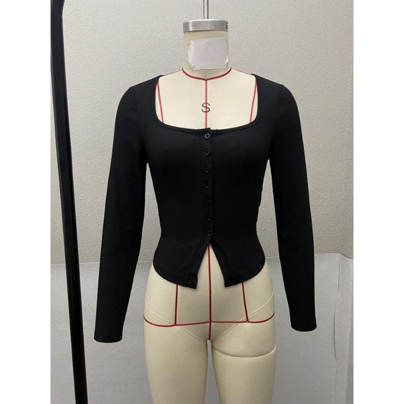 Frühling und Herbst Neues Damen Quadratischer Ausschnitt Langarm Mode Lässig Gestricktes T-Shirt Design Oberteil