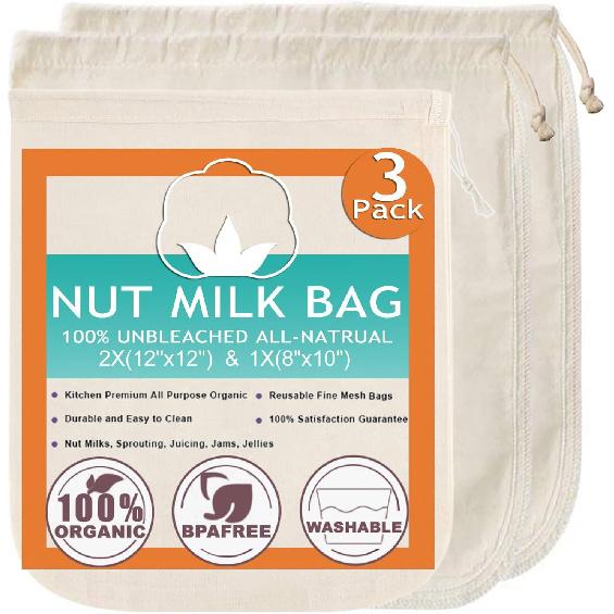 Nut Milk Bag Cloth Strainer for Food, 3 Pack 12" (2 of 12"X12" + 1 of 10") Organic Reble Kitchen Premium Fine Mesh Cheesecloth, Sprouting, Juicing