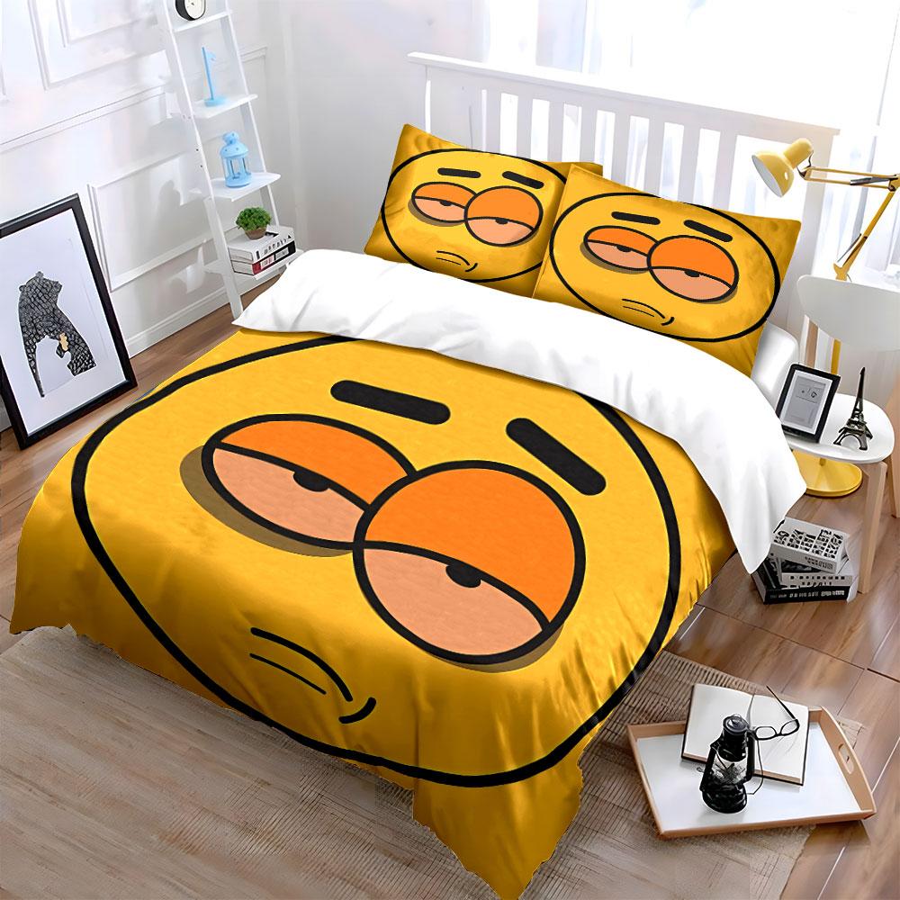 3Pcs Sleepy Lazy Face Cartoon Duvet Cover Set, Solid Yellow Minimal Emoji Bedding with 1 Duvet Cover 2 Pillowcases, Gift